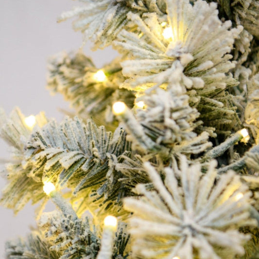 5' Flocked Pencil Aspen Tree - flocked foliage and lights close-up 3