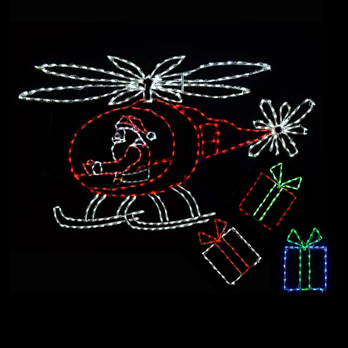 Santa flying helicopter with Christmas gift lights - square crop
