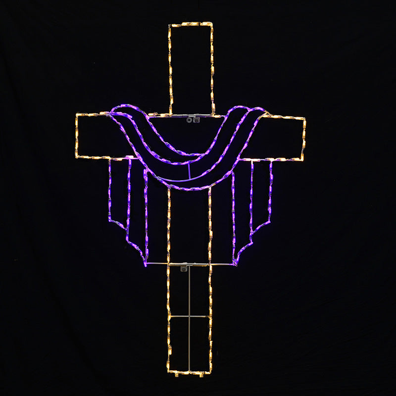 Easter cross LED light display with warm white illuminated frame and purple draped cloth accent