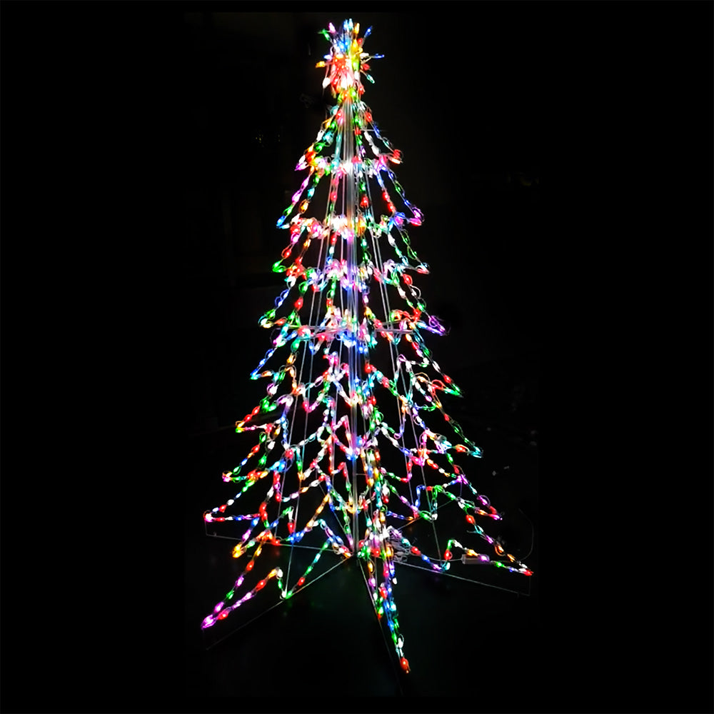 LED 3D Tree RGB 10 ft. displaying a full 360-degree cone silhouette densely wrapped in multicolor RGB mini LEDs with layered branches and multicolor starburst star topper against black background