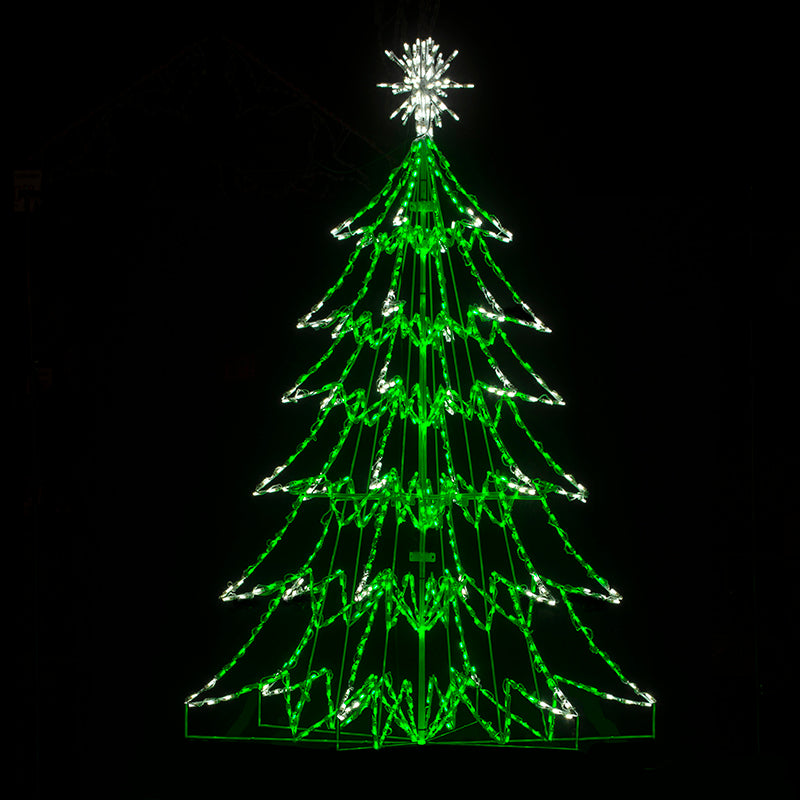 LED 3D Tree 6.5 ft. displaying a full 360-degree green and white mini LED cone silhouette with layered branches and white starburst star topper against black background