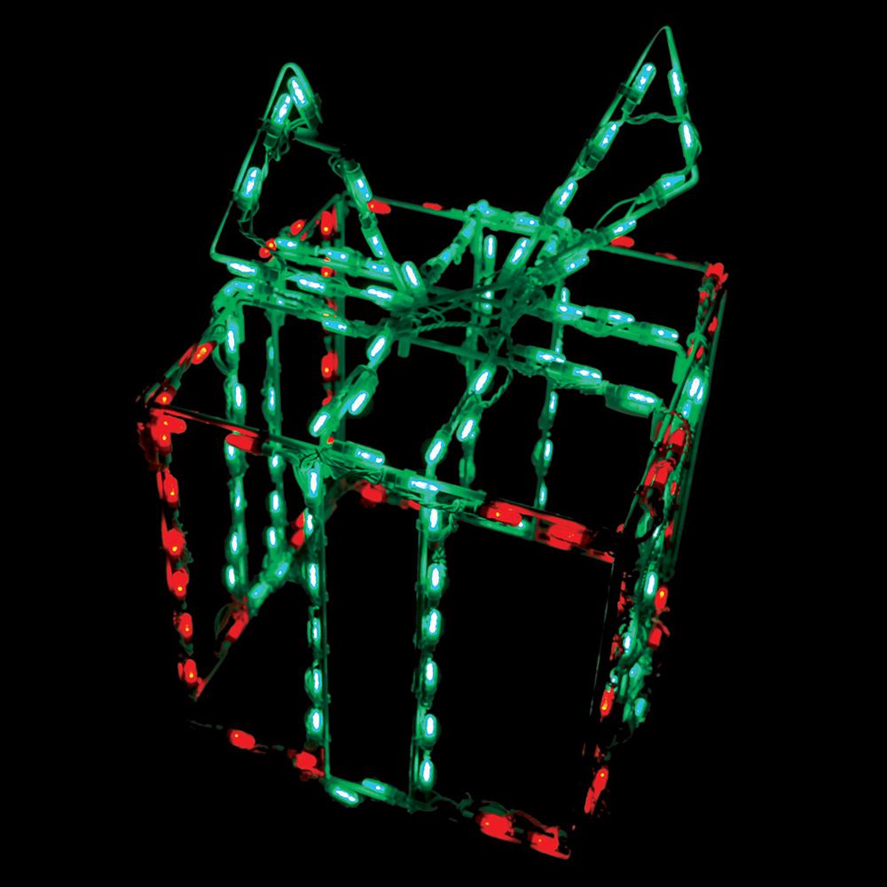 3D Gift Box LED Display in red and green with green LED bow accent, wireframe cube construction against black background