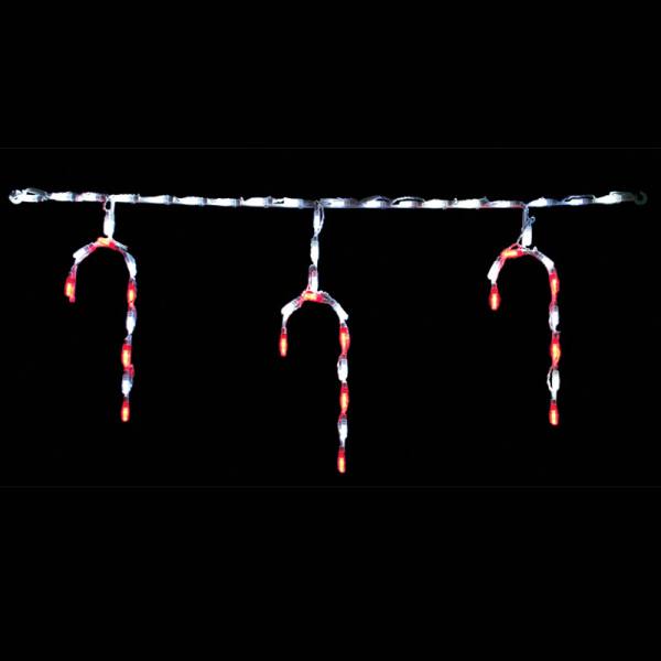 LED Candy Cane Linkable display with three red and white candy cane pendants hanging from a lighted roofline bar against a dark background