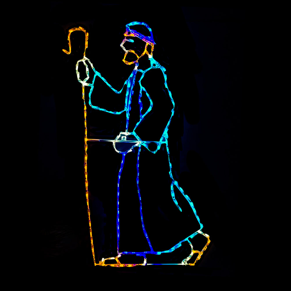 Shepherd LED nativity display walking shepherd with crook silhouette in multicolor mini lights — blue, teal, amber, and white — on steel frame