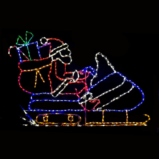 Animated LED Christmas display featuring Santa riding a blue snowmobile.