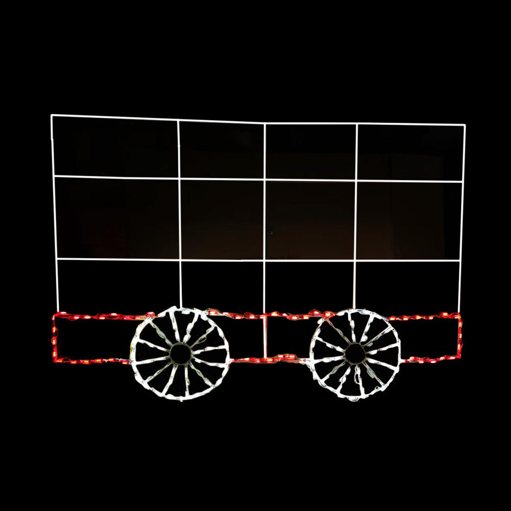 An animated holiday light display in the shape of a train car with a white frame and red and white LED lights.