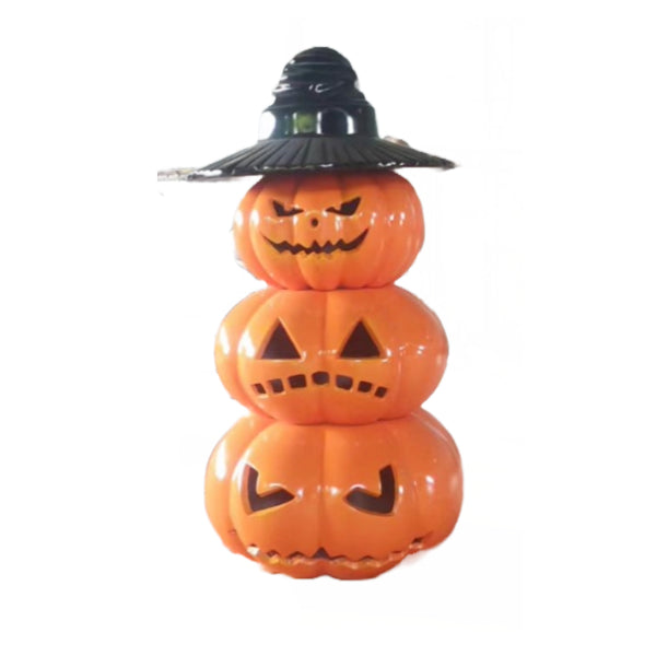 Triple-stacked orange fiberglass jack-o-lantern witch display with black witch hat and carved expressions — Halloween outdoor decoration statue