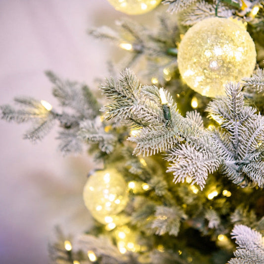 10' One Plug Flock Virginia Pine Tree with Icy Ball - flocked branches, ornaments and lights close-up 2