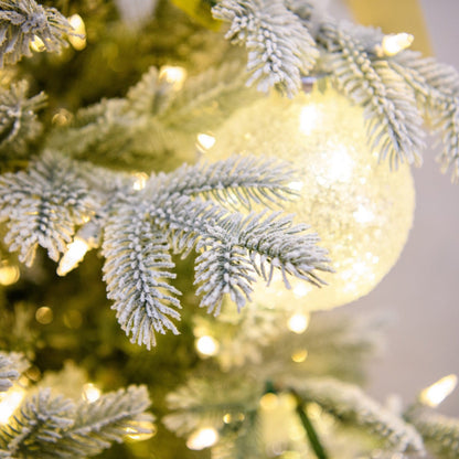 12' One Plug Flock Virginia Pine Tree with Icy Ball - flocked branches, ornaments and lights close-up 1