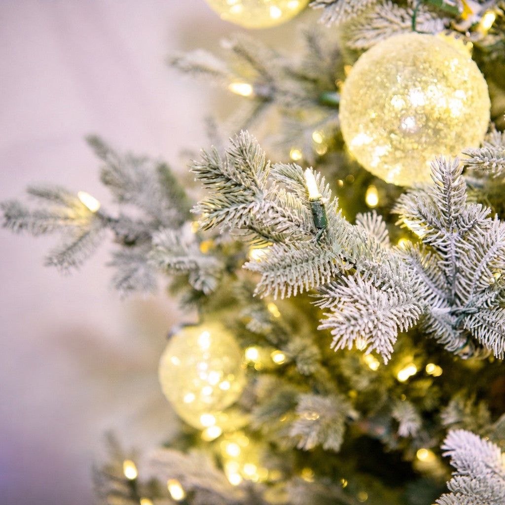 12' One Plug Flock Virginia Pine Tree with Icy Ball - flocked branches, ornaments and lights close-up 2