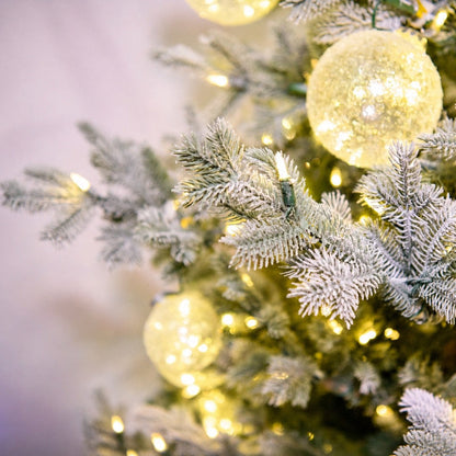 12' One Plug Flock Virginia Pine Tree with Icy Ball - flocked branches, ornaments and lights close-up 2