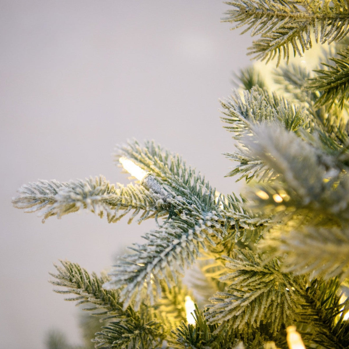 12' One Plug Flock Virginia Pine Tree with Icy Ball - flocked branches, ornaments and lights close-up 4