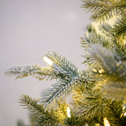 12' One Plug Flock Virginia Pine Tree with Icy Ball - flocked branches, ornaments and lights close-up 4