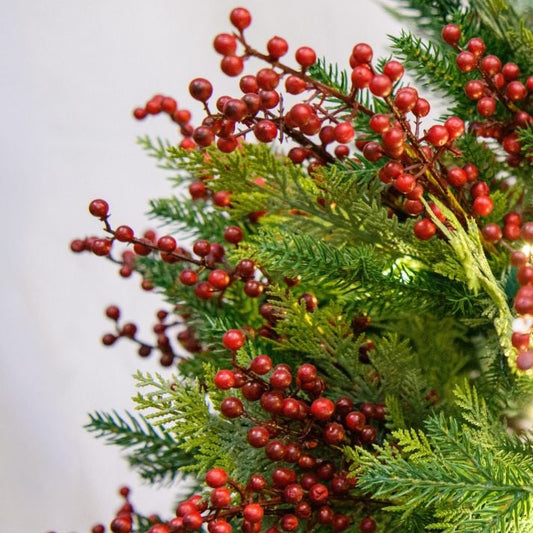4' Mixed Pine Berries Potted Tree - foliage, berries and lights close-up 3