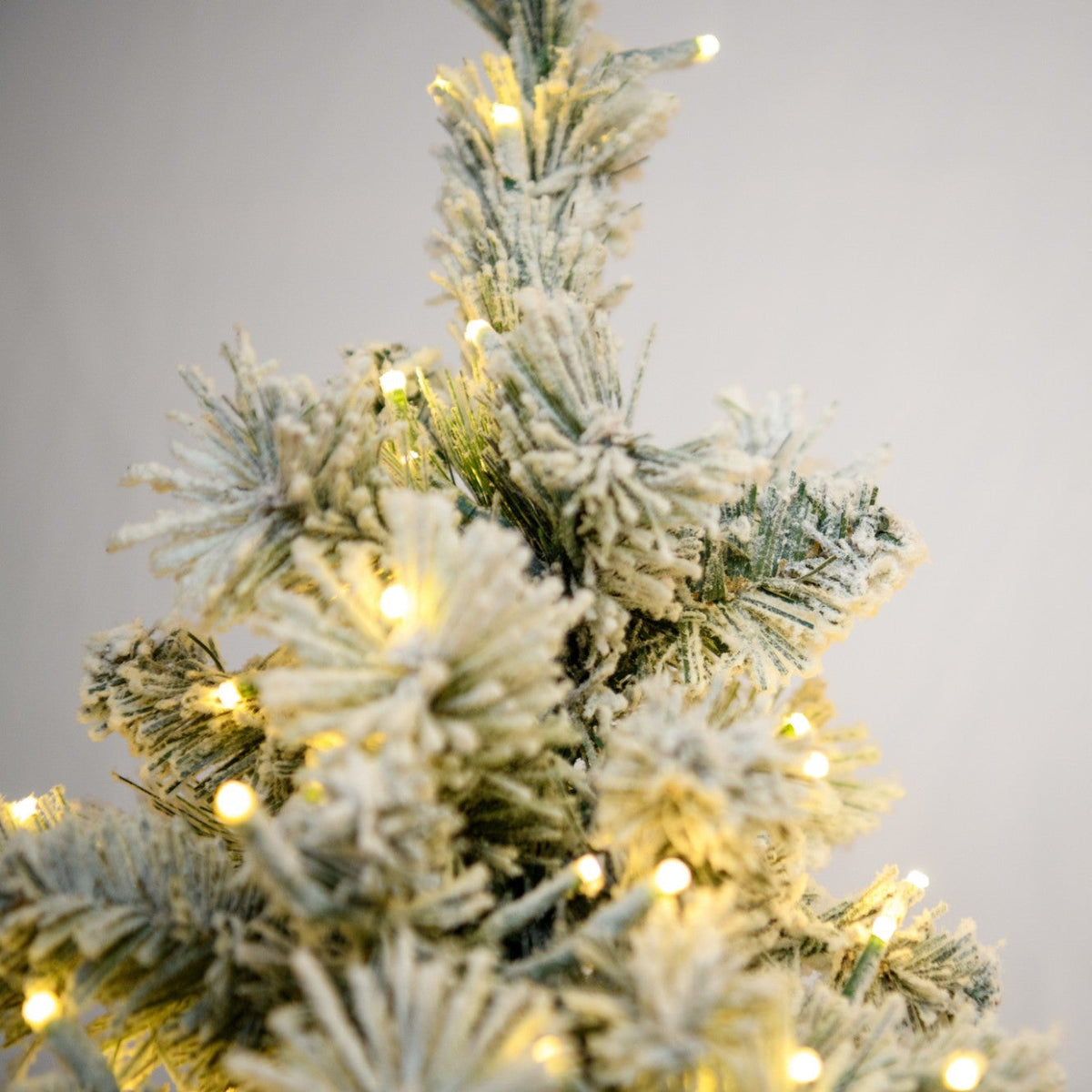 5' Flocked Pencil Aspen Tree - flocked foliage and lights close-up 1