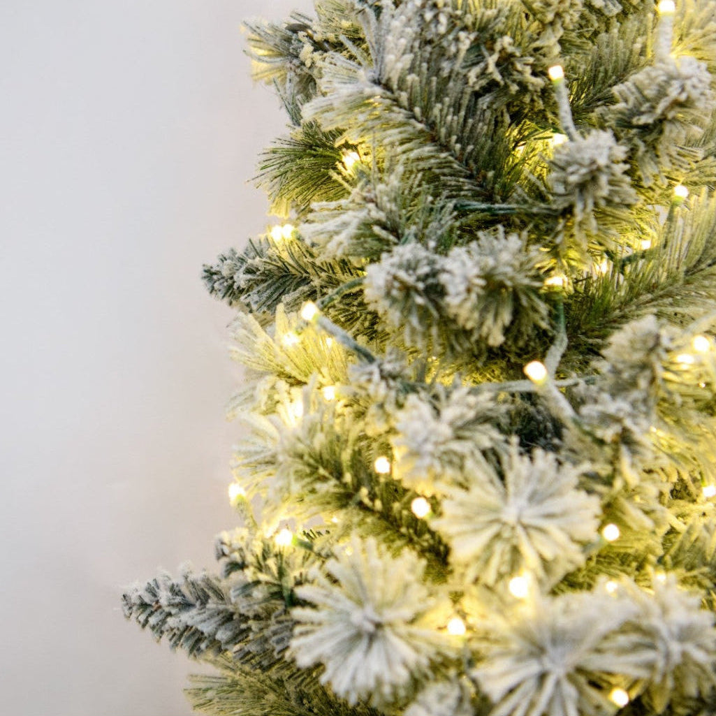 5' Flocked Pencil Aspen Tree - flocked foliage and lights close-up 2