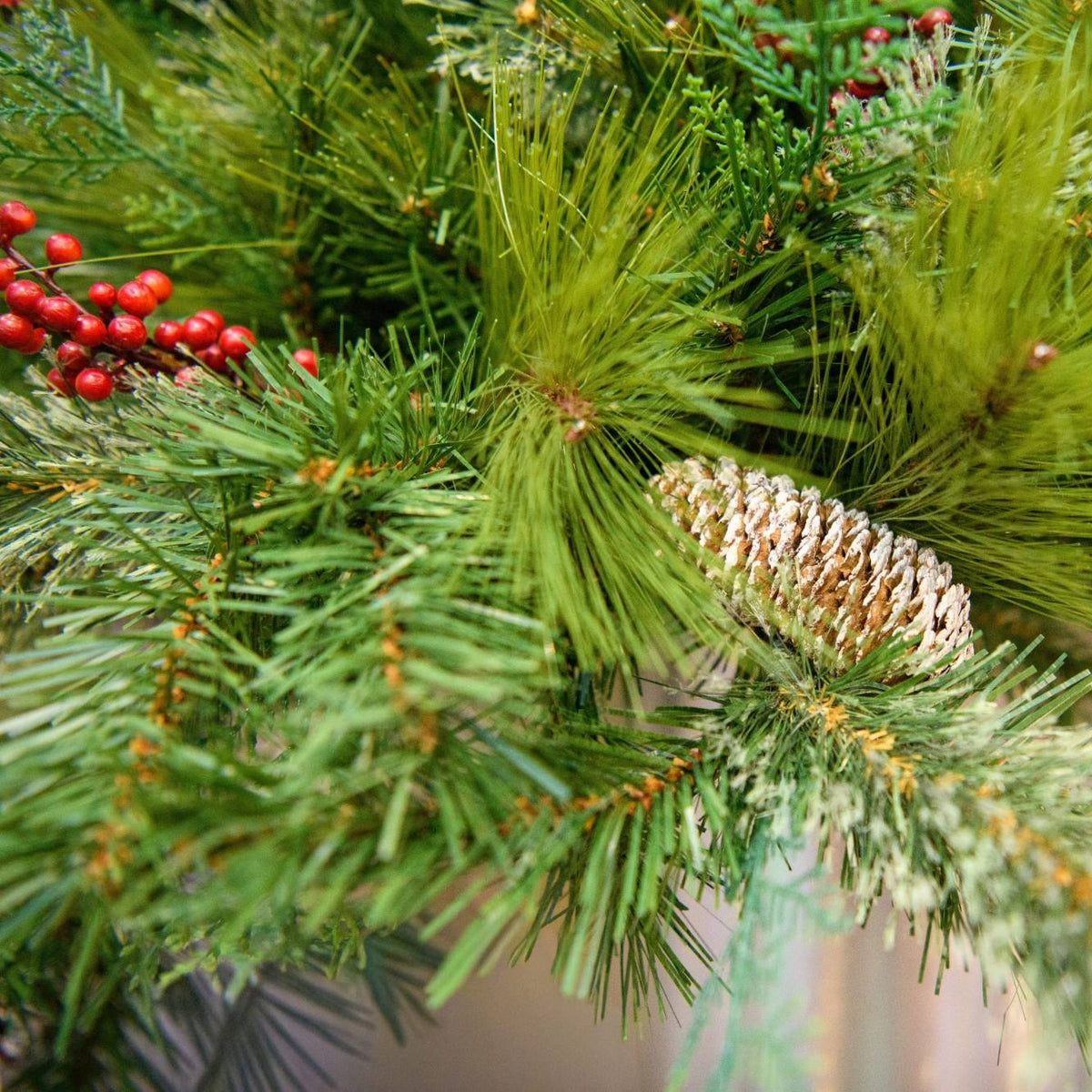 60" Commercial White Pine Container Filler Non-Lit - close-up with pinecone and berries