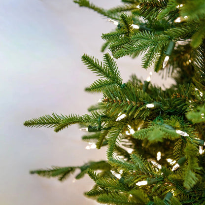 7.5' Flocked Norway Spruced Tree with LED White Lights - needle and white lights close-up 1