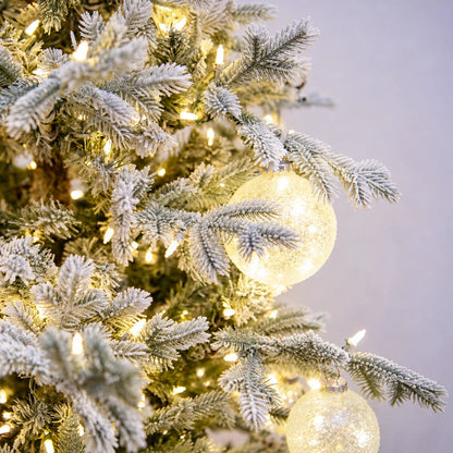 7.5' One Plug Flock Virginia Pine Tree with Icy Ball - flocked branches, ornaments and lights close-up 4