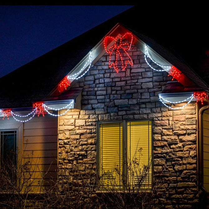 Bow with Garland LED Linkable - Red/White - roofline installation