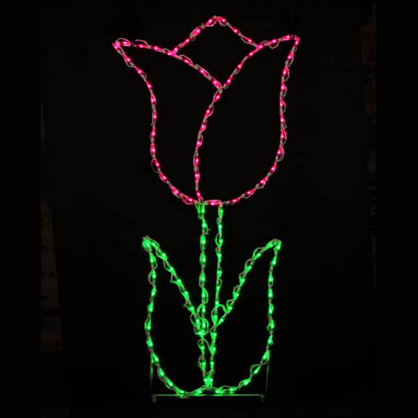Illuminated pink tulip silhouette LED display with green stem and leaves