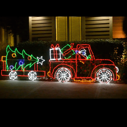 Santa Driving Pickup Truck with Christmas Tree Trailer Animated LED Display - square video