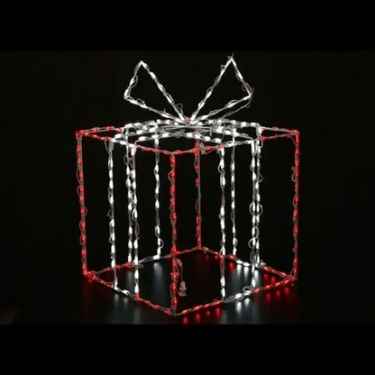 Large 3D Gift Box LED Display in red and white with white LED bow accent, wireframe cube construction against black background