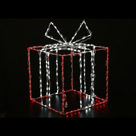 Large 3D Gift Box LED Display in red and white with white LED bow accent, wireframe cube construction against black background