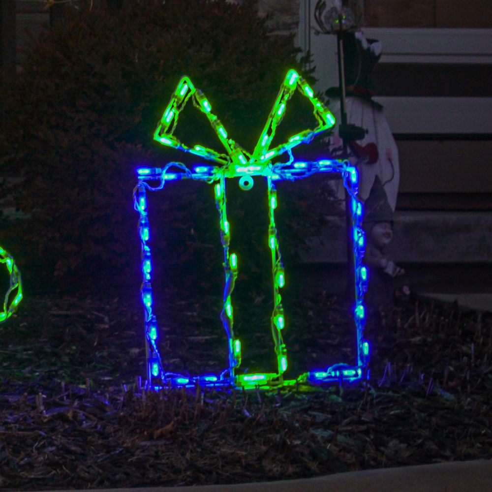 Gift Box LED Display - Blue Box/Green Bow (25")