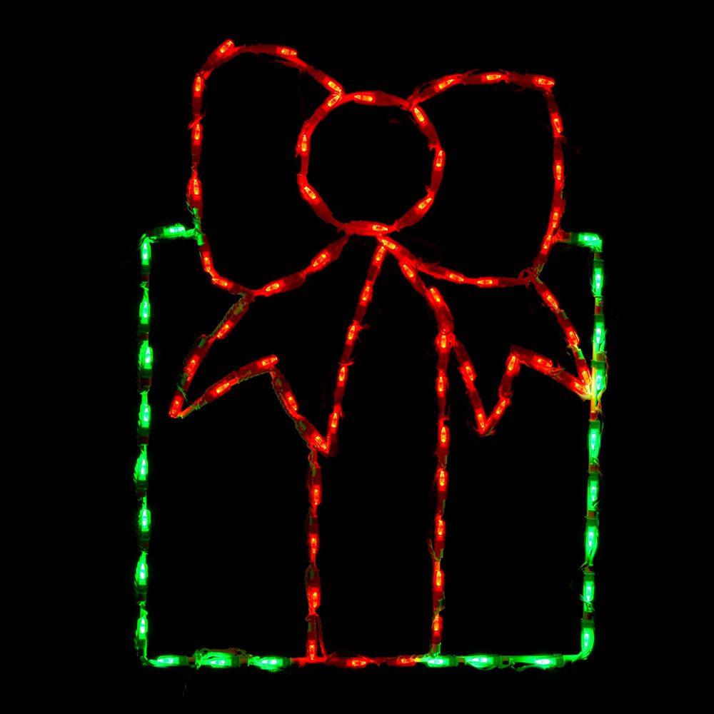 Gift Box LED Display - Green with Red Bow