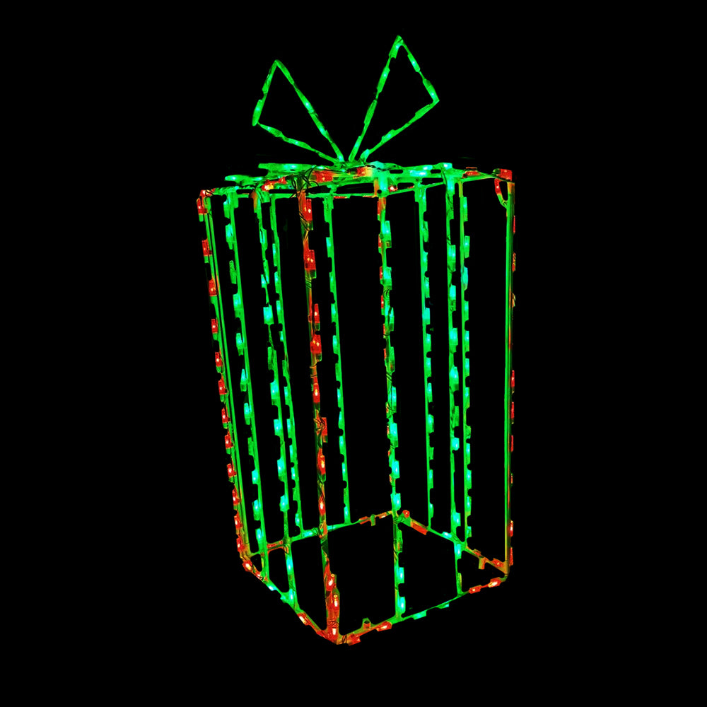 A 3D decorative box with a red and green color scheme, resembling a gift, with a visible green bow on top.