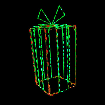 A 3D decorative box with a red and green color scheme, resembling a gift, with a visible green bow on top.