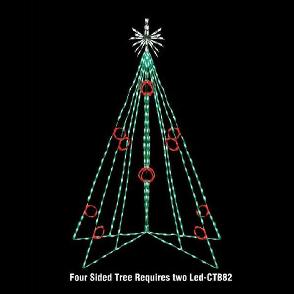 Diagram showing four-sided 3D Christmas tree configuration using two CTB82 LED displays, green outline with red berry accents and star topper