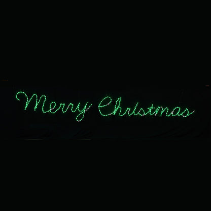 Merry Christmas RGB LED Sign — over 14 ft. wide color-changing cursive display on white powder-coated steel frame