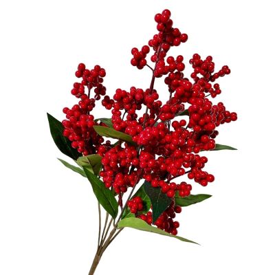 Bundle of 3: Red Shiny Berry Cluster with Green Leaves