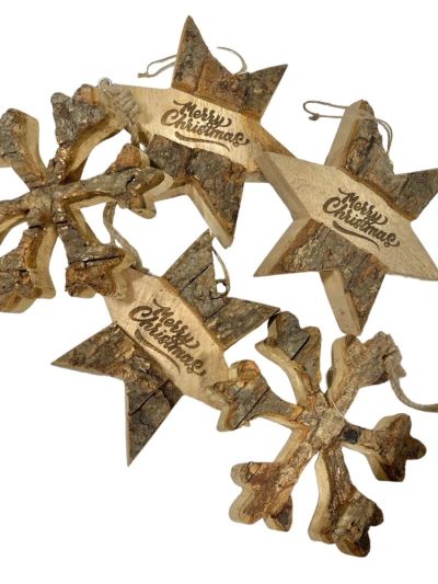 Wood Snowflake and Star Ornaments - Set of 5