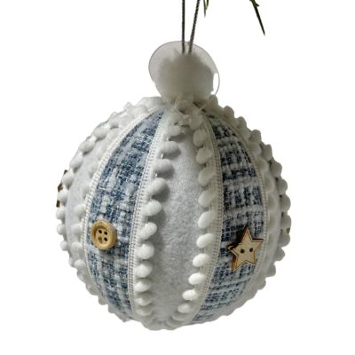 Bundle of 4: Pom-Pom White and Blue Ball Ornament w/Stars & Buttons