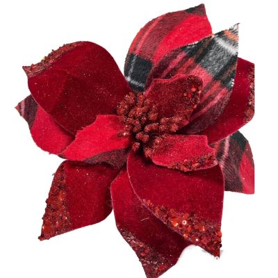 Bundle of 5: Red Velvet Tipped Sequins and Plaid Poinsettia
