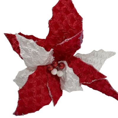 Bundle of 6: Red/White Fabric Textured Poinsettias
