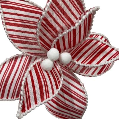 Bundle of 6: Red/White Stripe Poinsettia w/Pom-Pom Center