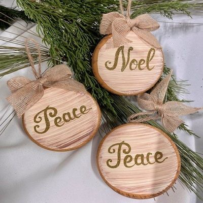 Bundle of 3: Faux Wood Disc Ornaments - Peace & Noel
